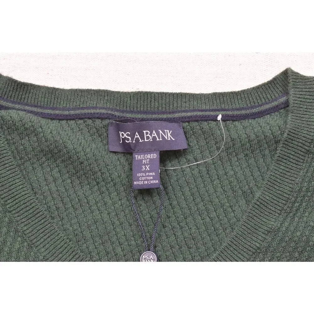 Jos. A. Bank Sweater Men's 3X Green 100% Pima Cotton V-Neck Tailored Fit Texture